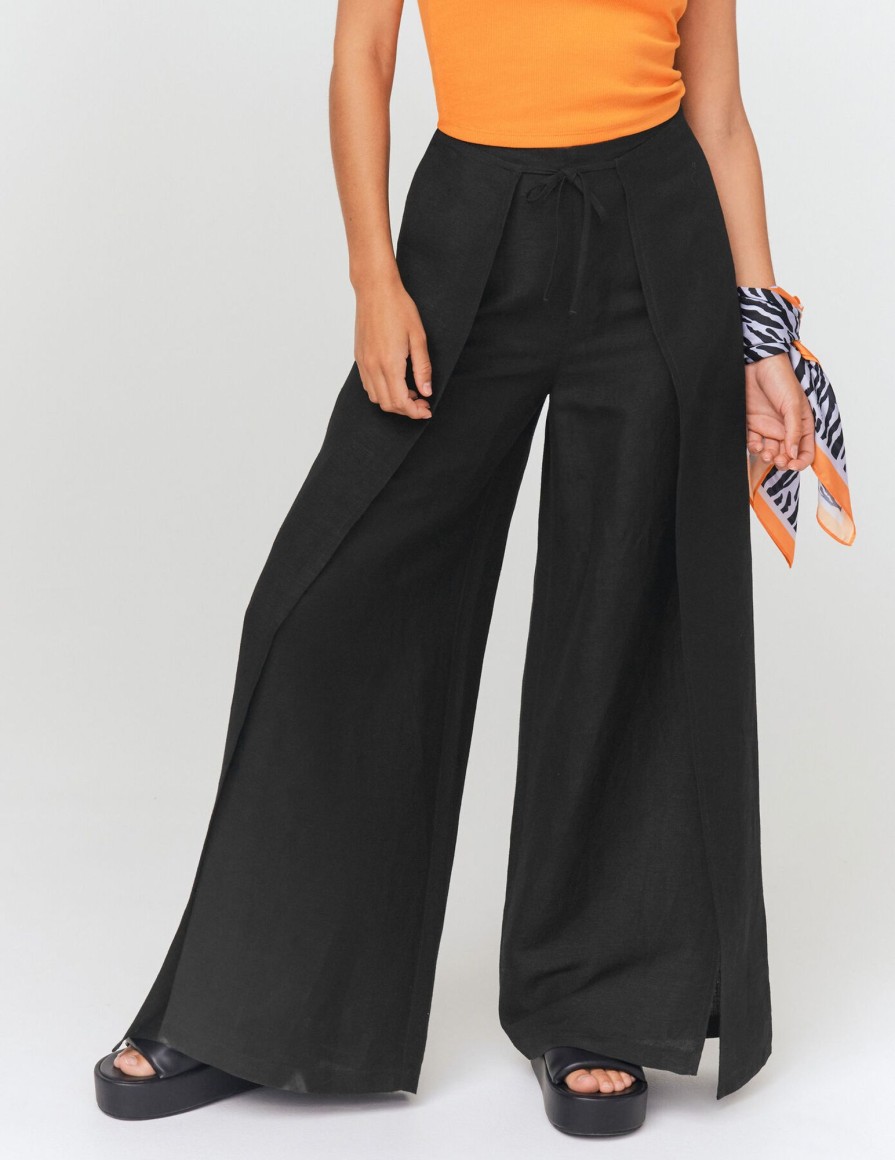 Femme BZB Pantalon | Pantalon Pareo En Lin Noir