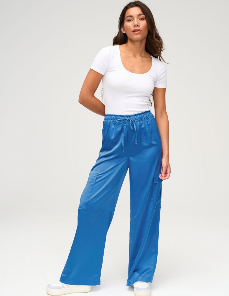 Femme BZB Pantalon | Pantalon Cargo En Satin Bleu Fonce