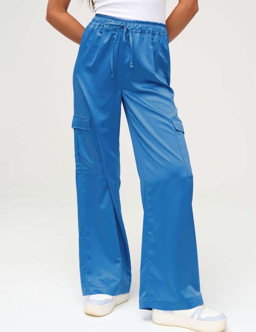 Femme BZB Pantalon | Pantalon Cargo En Satin Bleu Fonce