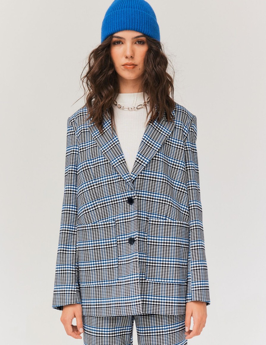 Femme BZB Veste & Blouson | Blazer A Carreaux Bleu Fonce