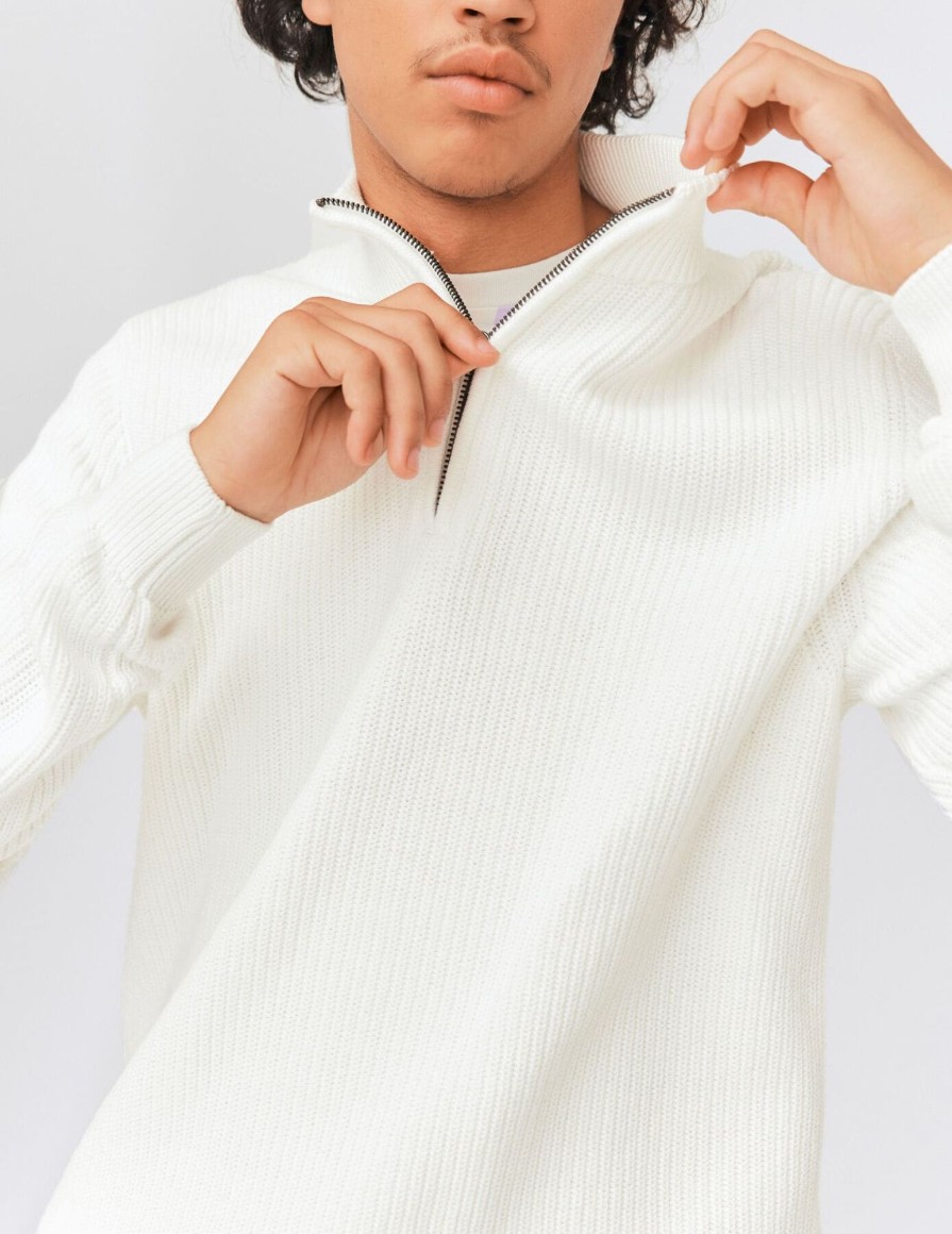 Homme BZB Pull | Pull Avec Col Montant Zippe Blanc