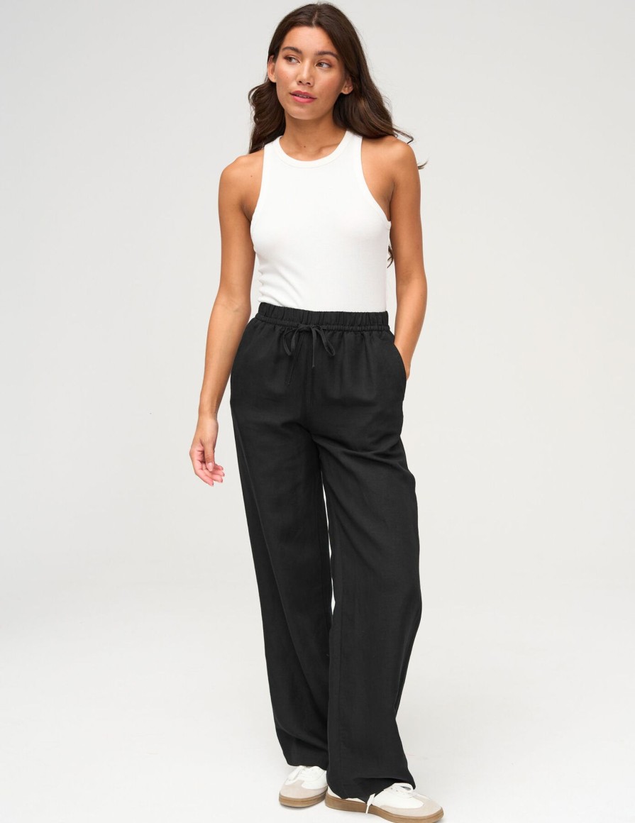 Femme BZB Pantalon | Pantalon Fluide En Lin Noir