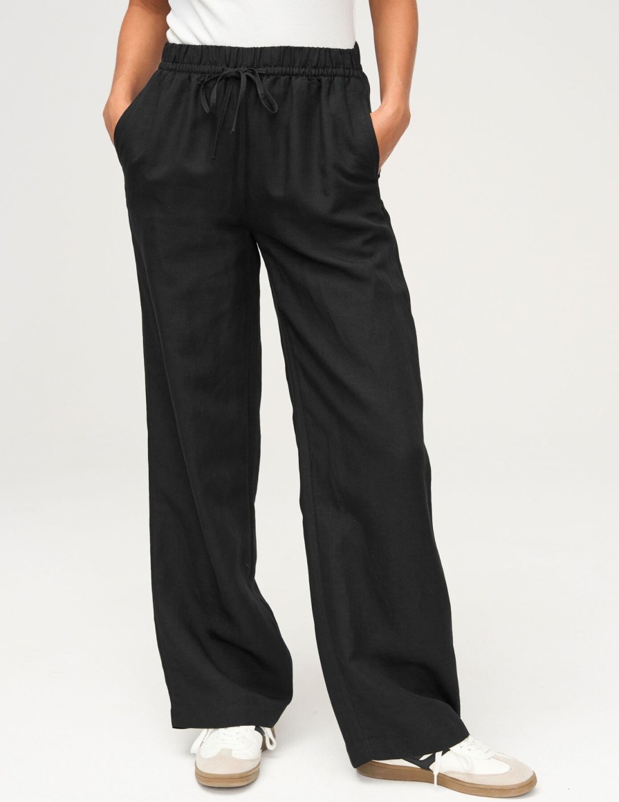 Femme BZB Pantalon | Pantalon Fluide En Lin Noir