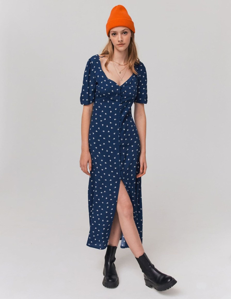 Femme BZB Robe | Robe Longue Boutonnee Imprimee Bleu Fonce