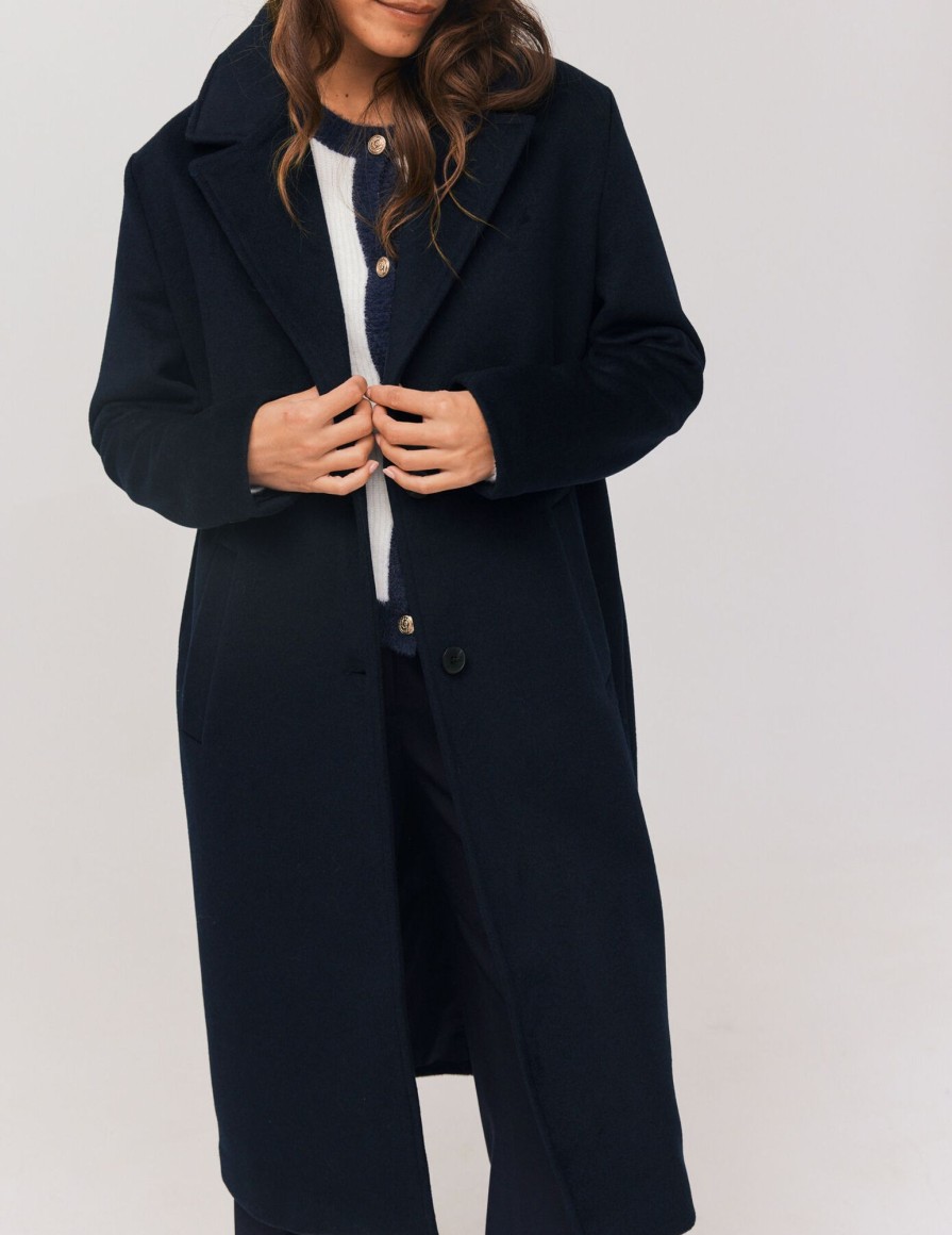 Femme BZB Manteau & Doudoune | Manteau Long En Laine Bleu Fonce