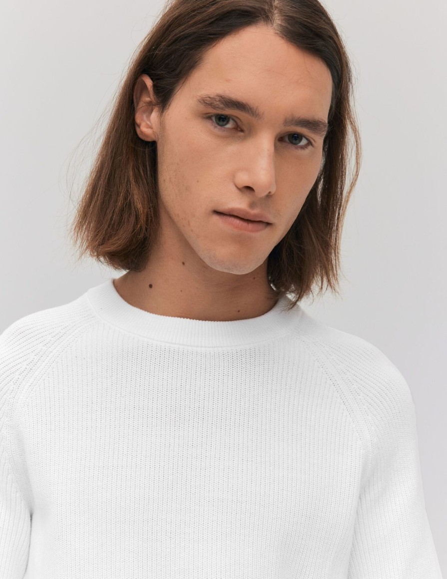 Homme BZB Pull | Pull Col Rond Coton Uni Blanc