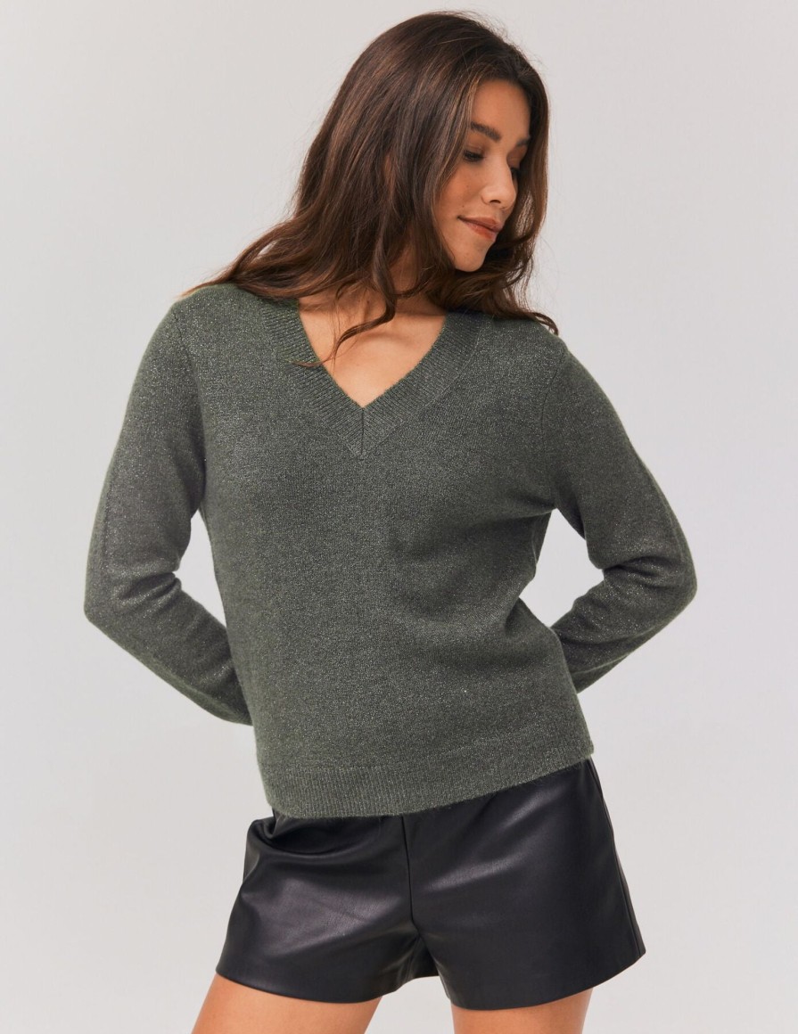 Femme BZB Pull | Pull Col V Paillete Gris Fonce