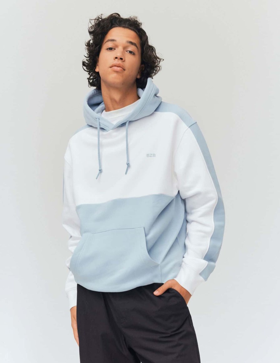 Homme BZB Sweat | Sweat A Capuche Colorblock Bleu Clair