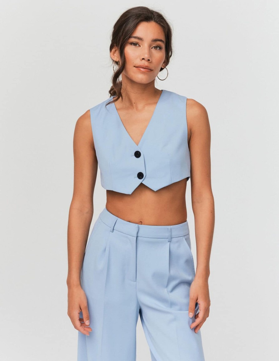 Femme BZB Veste & Blouson | Gilet De Tailleur Court Bleu Clair