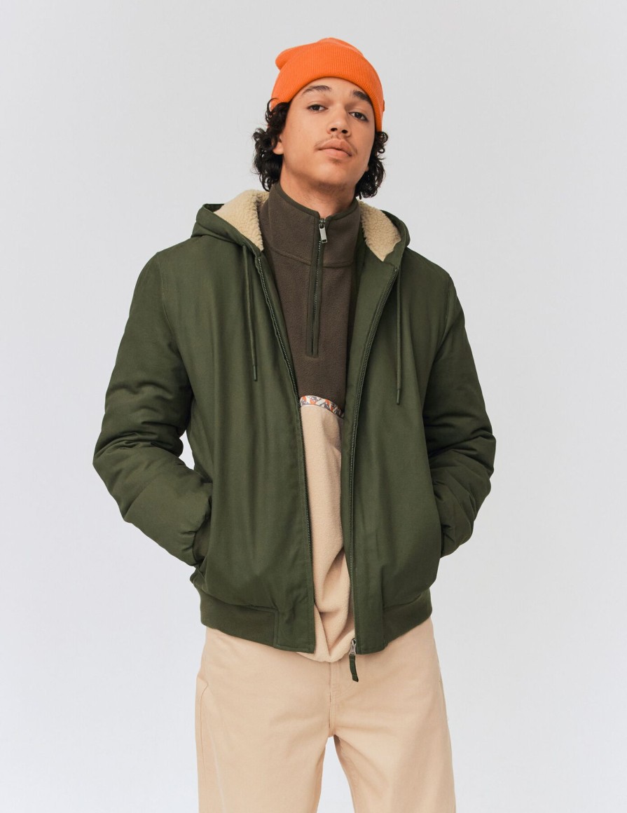 Homme BZB Veste & Blouson | Blouson A Capuche Interieur Sherpa Vert Kaki