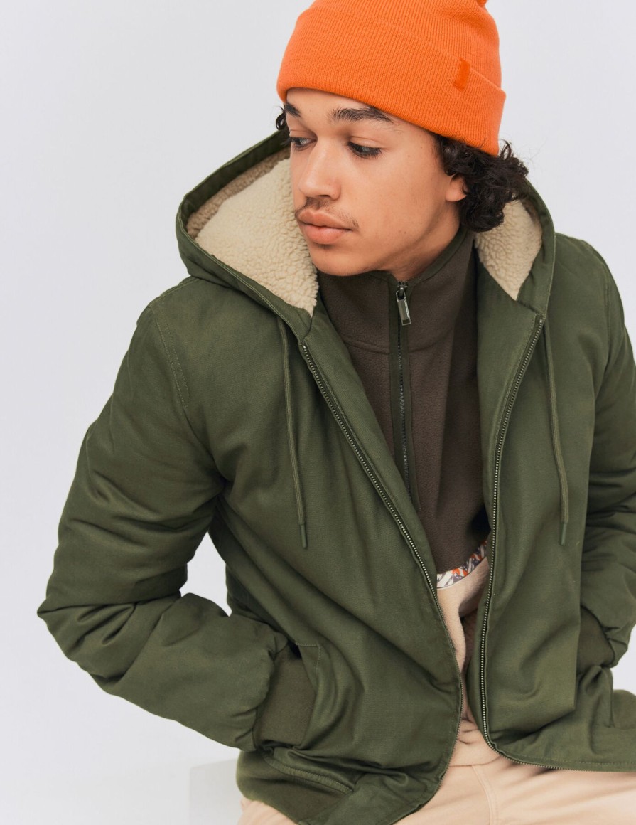 Homme BZB Veste & Blouson | Blouson A Capuche Interieur Sherpa Vert Kaki