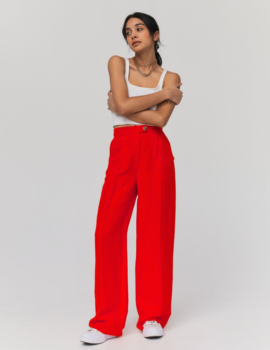 Femme BZB Pantalon | Pantalon Straight En Lin Rouge