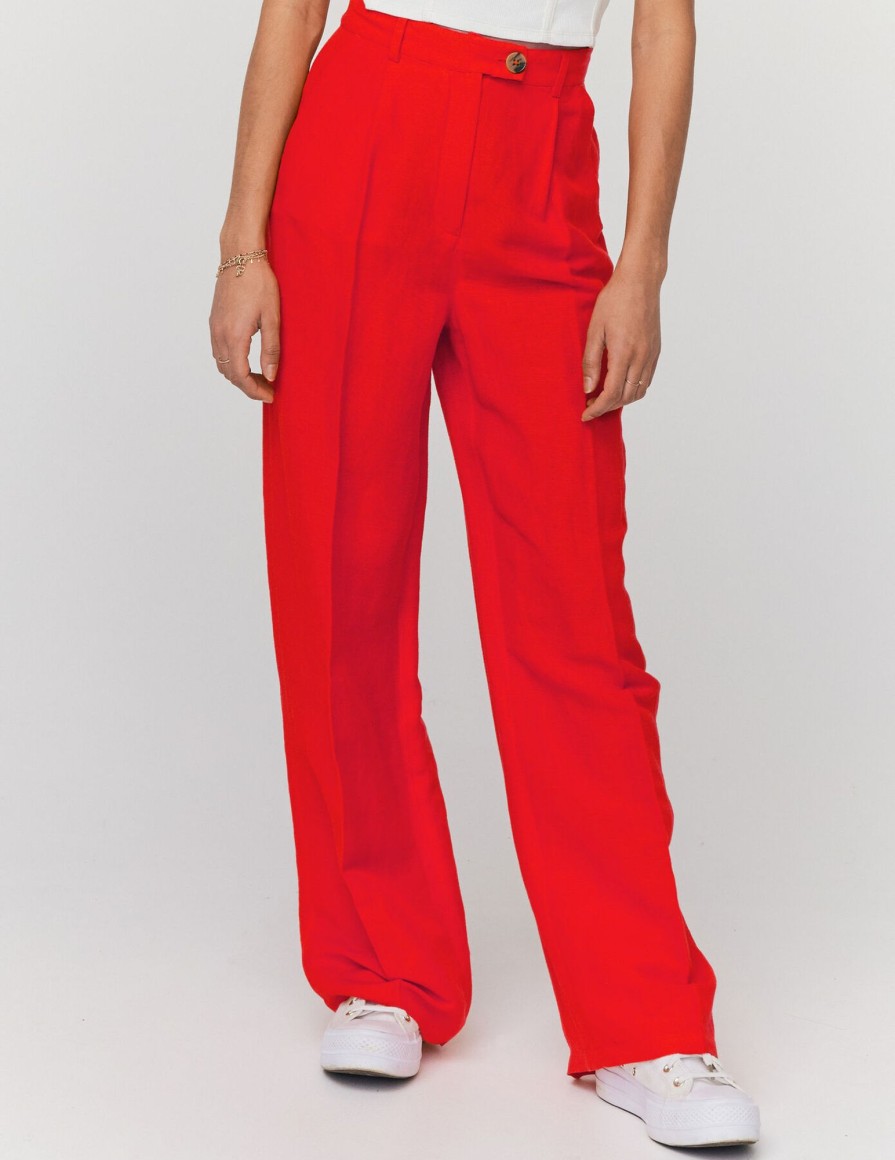 Femme BZB Pantalon | Pantalon Straight En Lin Rouge