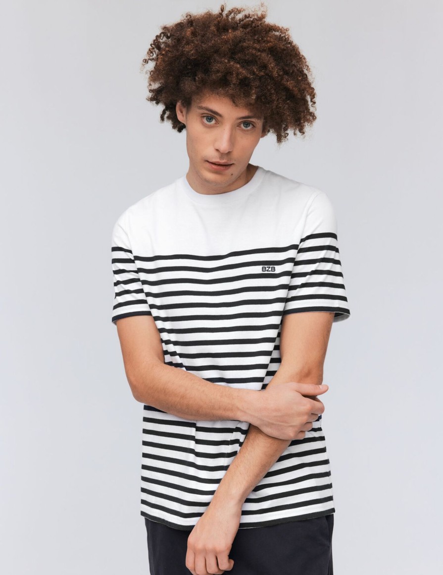 Homme BZB Tee-Shirt | T-Shirt Mariniere Blanc