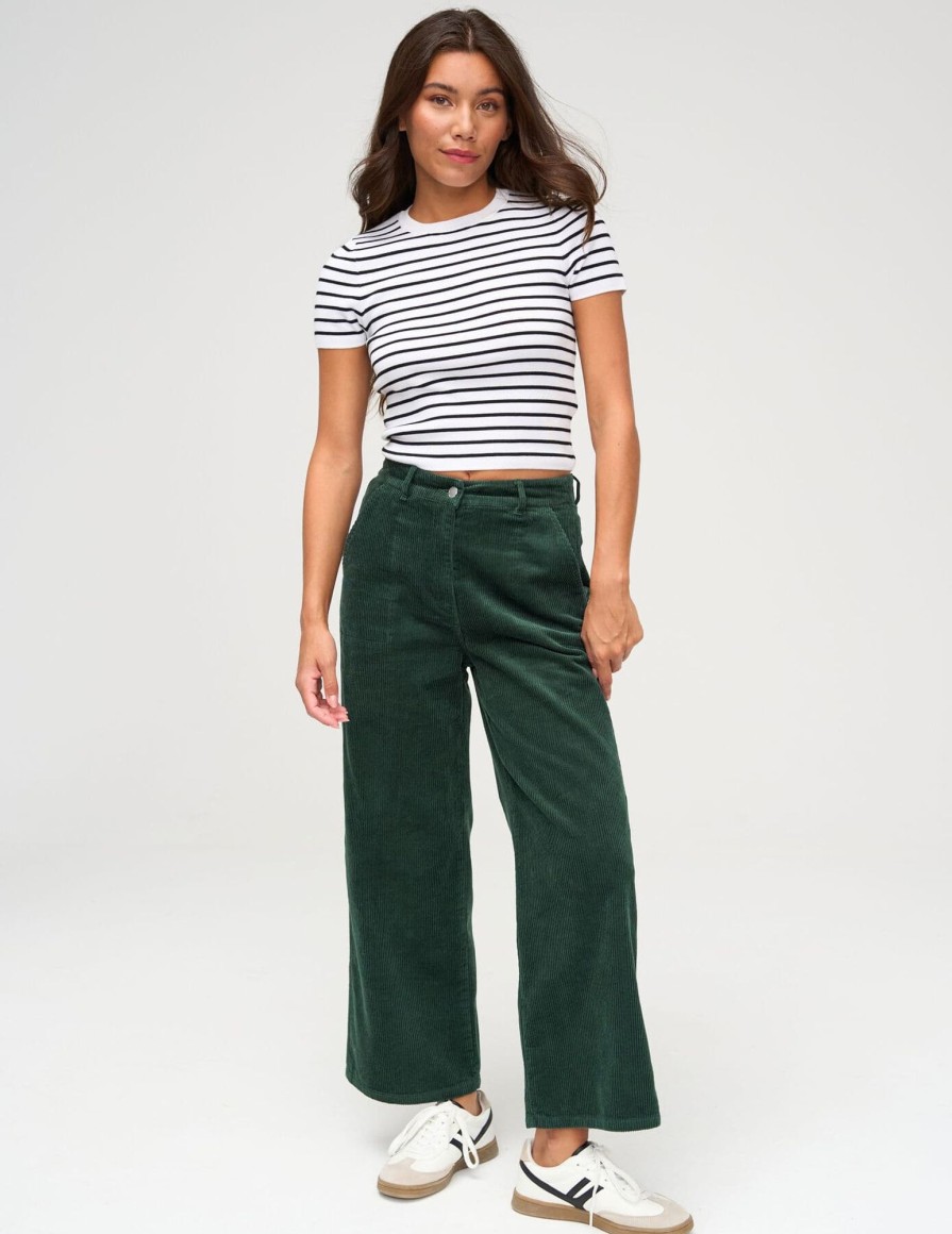 Femme BZB Pantalon | Pantalon Wide Leg Court En Velours Vert Kaki