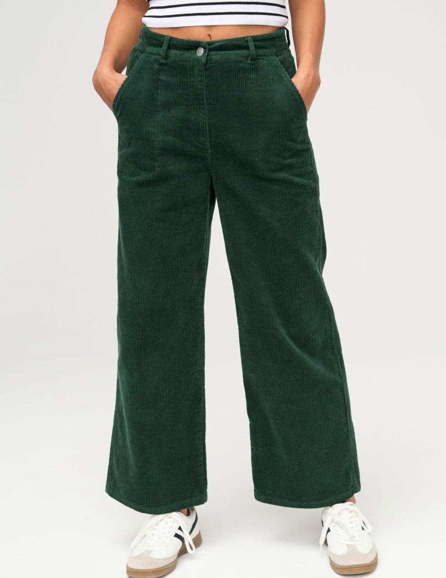 Femme BZB Pantalon | Pantalon Wide Leg Court En Velours Vert Kaki