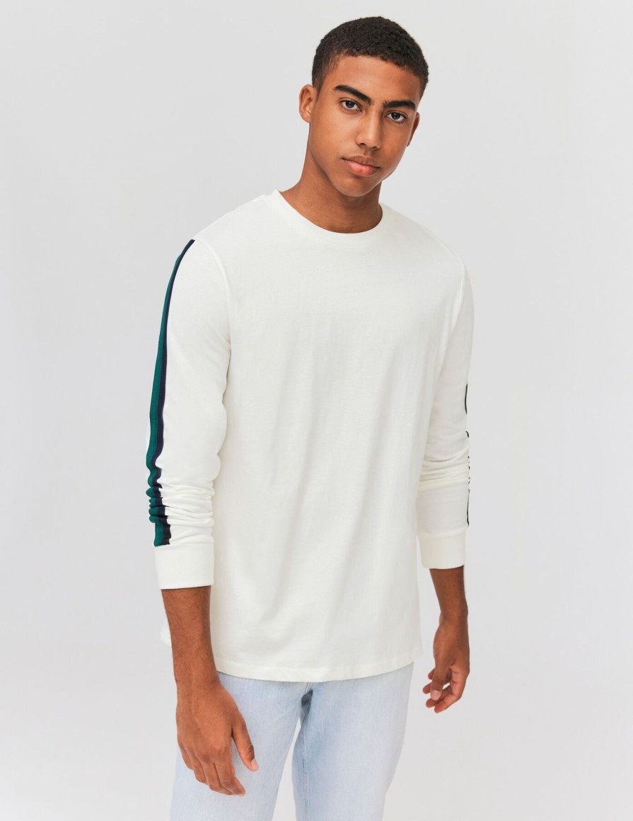 Homme BZB Tee-Shirt | T-Shirt Manches Longues Bandes Blanc