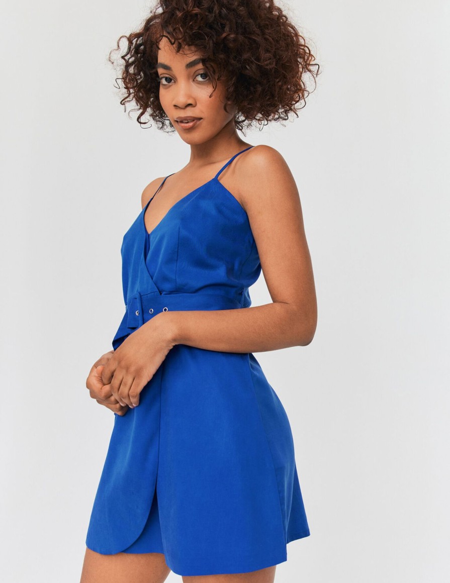 Femme BZB Robe | Robe Portefeuille Ceinturee Bleu Fonce