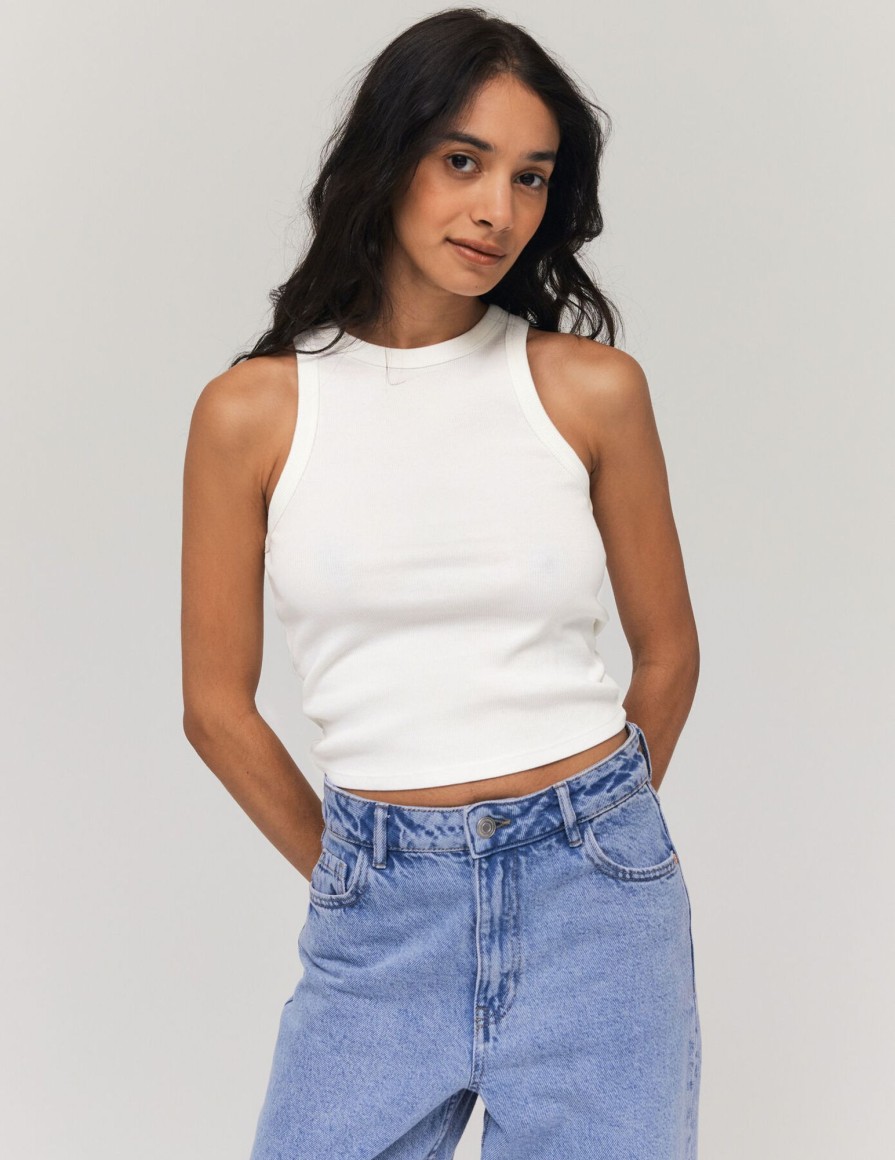 Femme BZB Top & Debardeur | Debardeur En Coton Uni Blanc