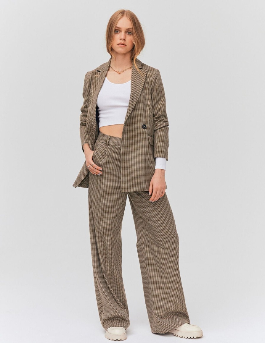 Femme BZB Pantalon | Pantalon Tailleur A Carreaux Marron