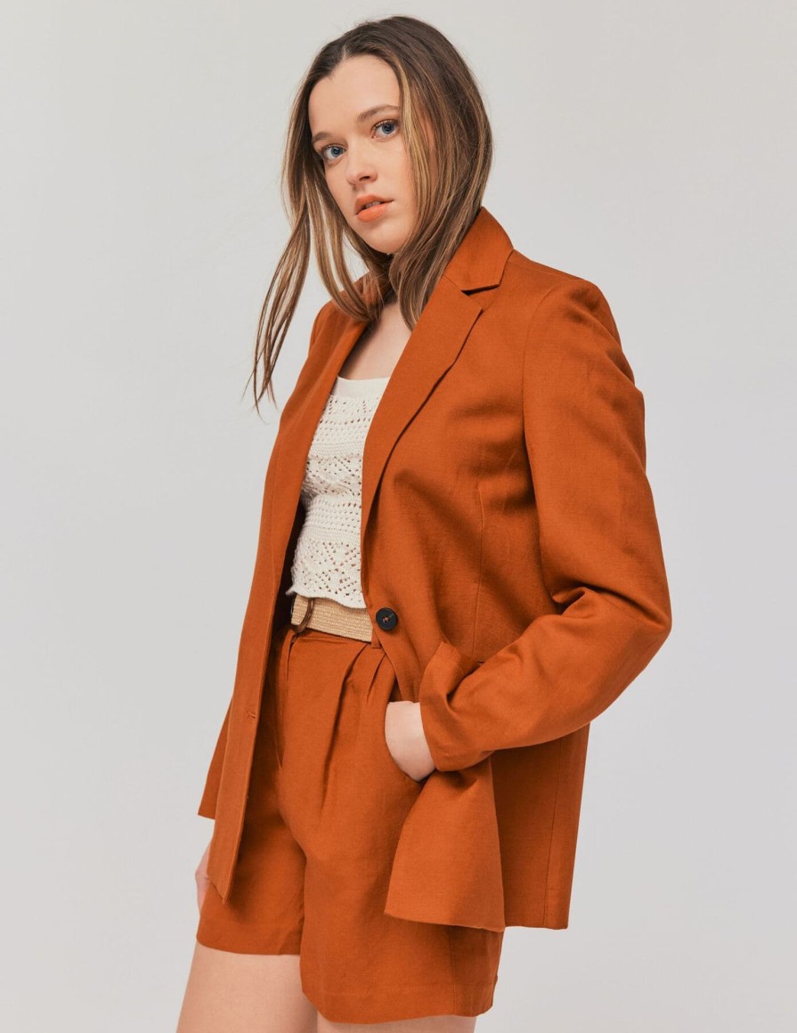 Femme BZB Veste & Blouson | Veste Blazer En Lin Marron