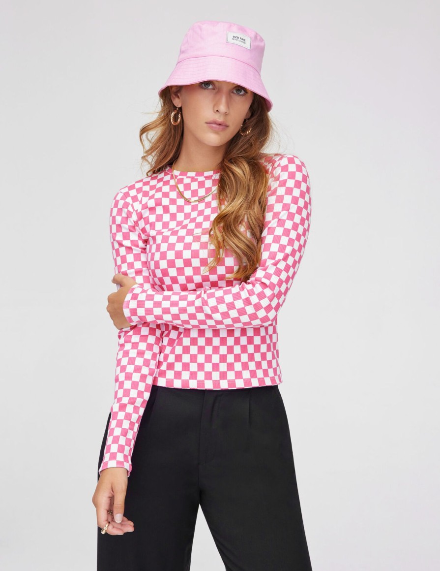 Femme BZB Tee-Shirt & Polo | T-Shirt Damier Manches Longues Rose