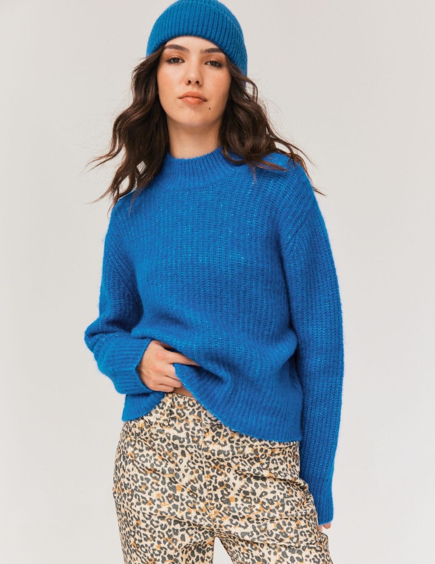 Femme BZB Pull | Pull Uni En Laine Mohair Et Alpaga Bleu Fonce