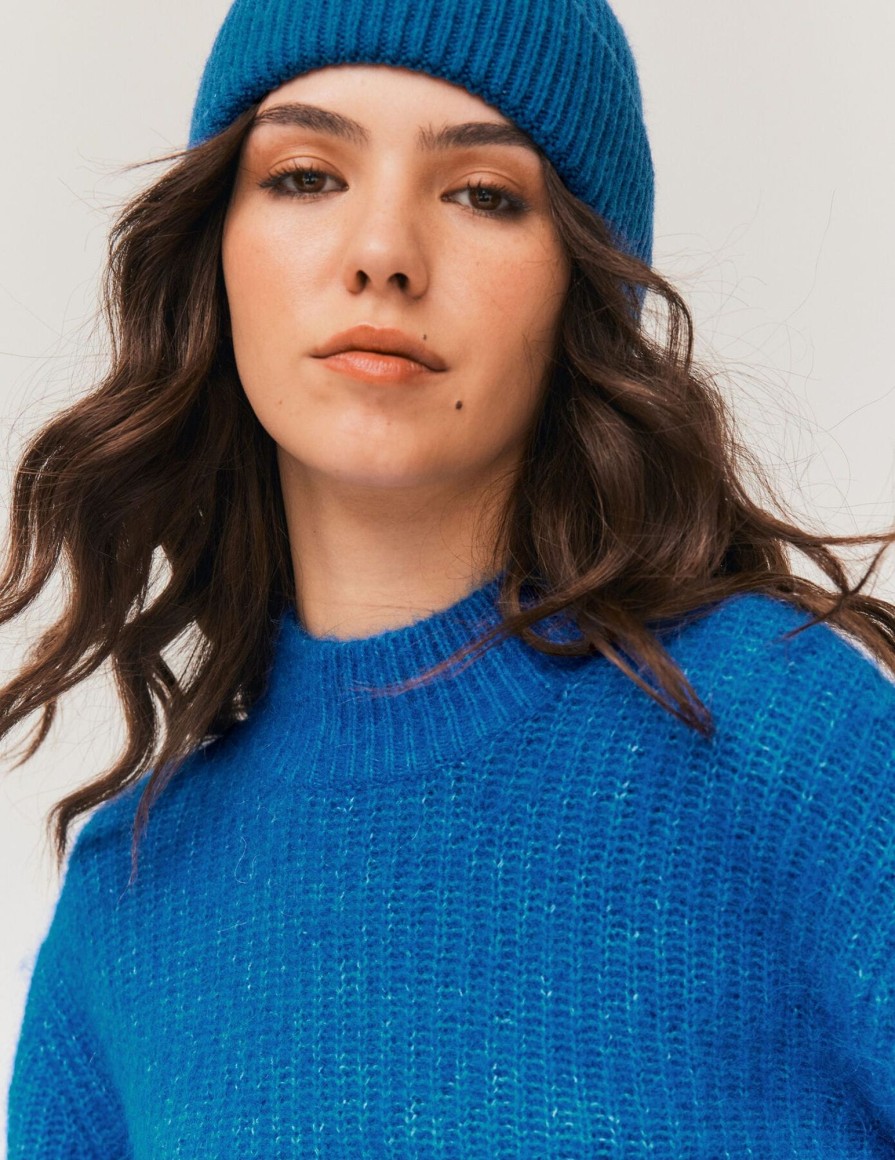 Femme BZB Pull | Pull Uni En Laine Mohair Et Alpaga Bleu Fonce