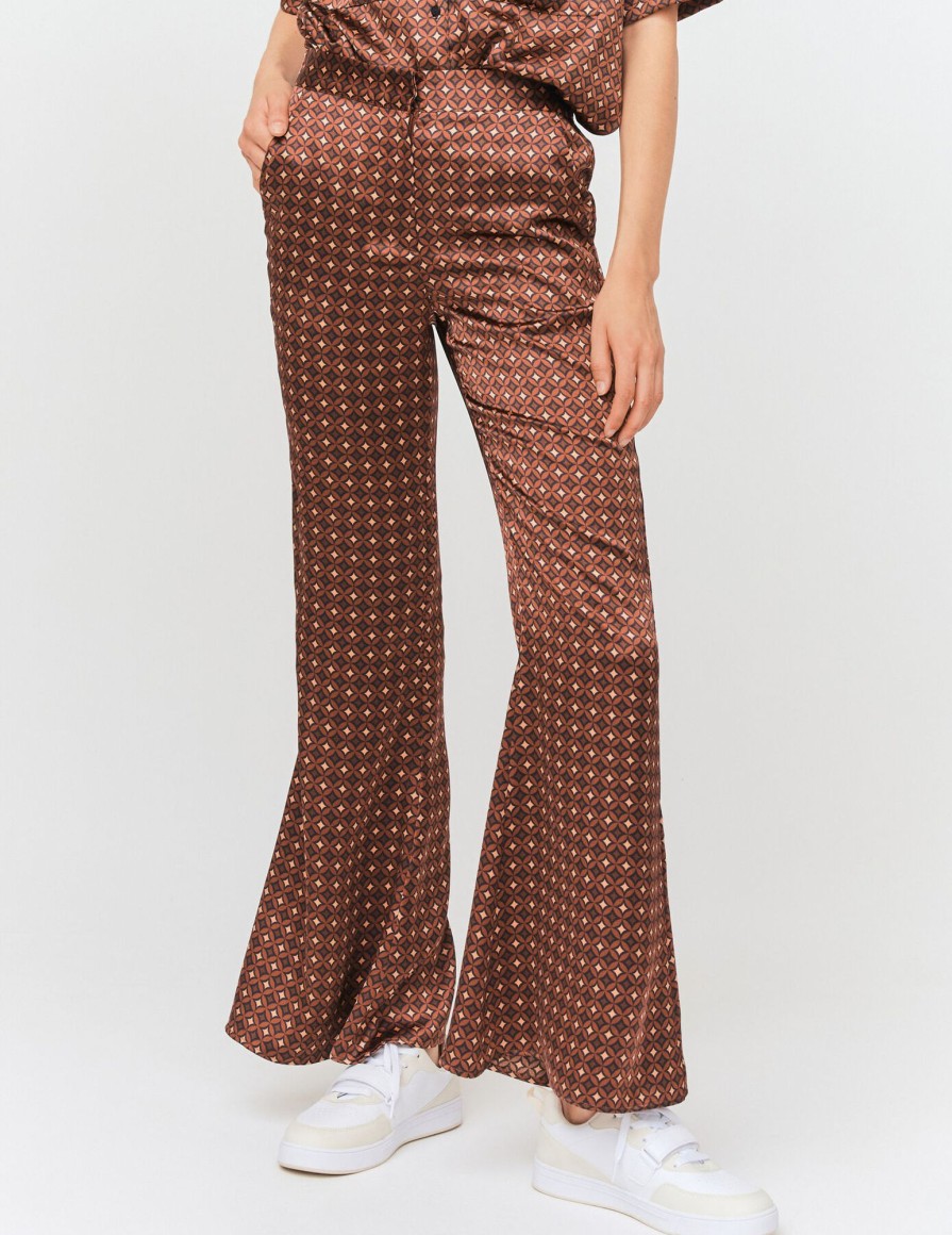 Femme BZB Pantalon | Pantalon Flare Fluide Imprime En Polyester Recycle Marron