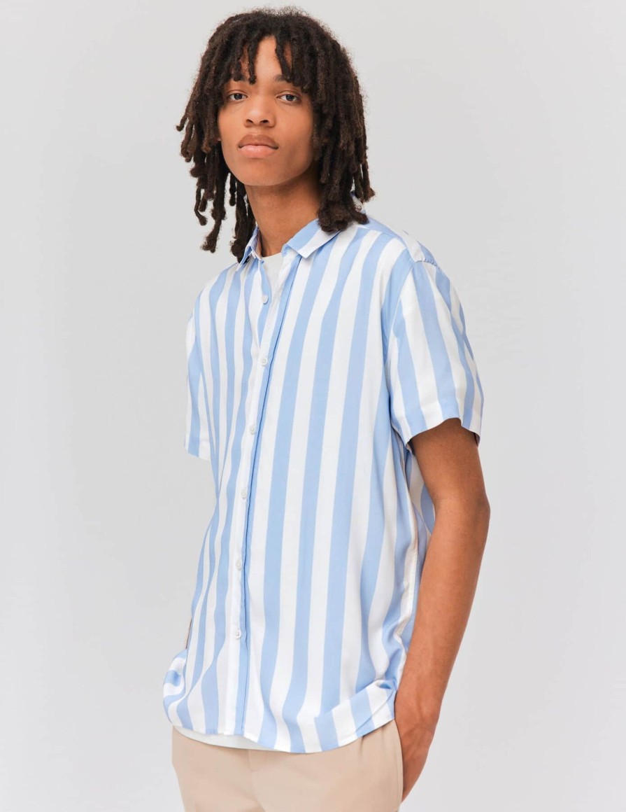 Homme BZB Chemise | Chemise Rayee Fluide Manches Courtes Bleu Clair