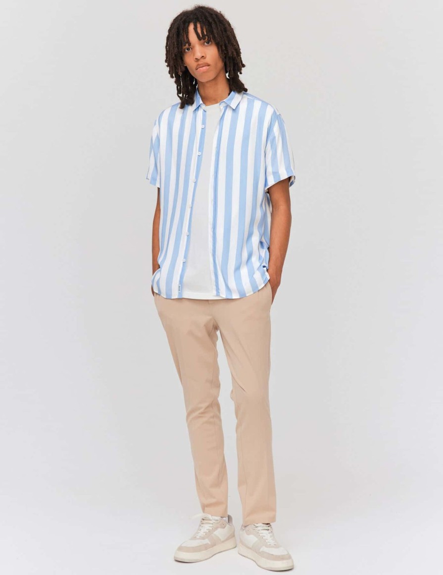 Homme BZB Chemise | Chemise Rayee Fluide Manches Courtes Bleu Clair