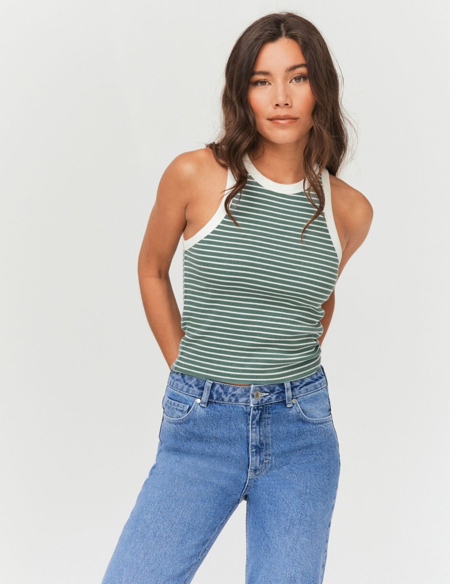 Femme BZB Top & Debardeur | Debardeur Raye En Coton Vert