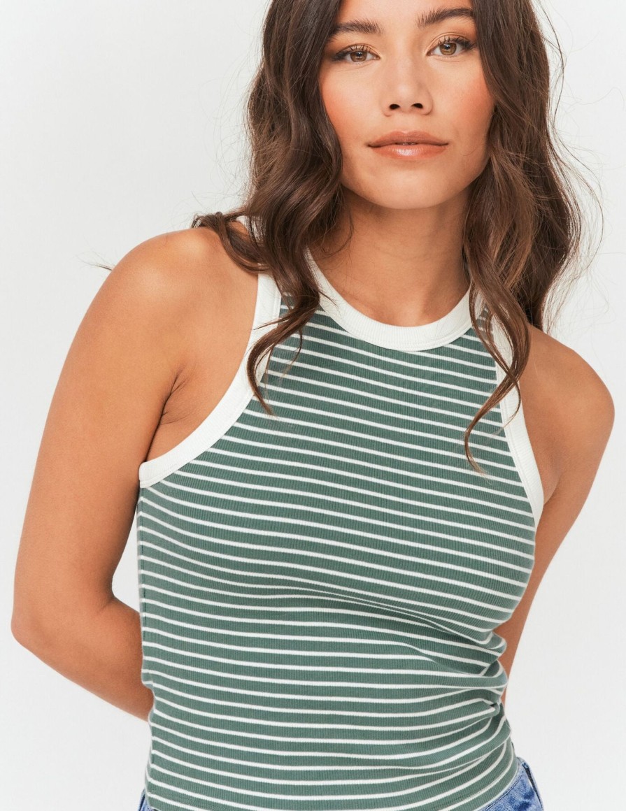 Femme BZB Top & Debardeur | Debardeur Raye En Coton Vert