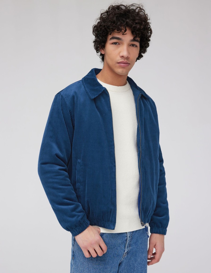 Homme BZB Veste & Blouson | Veste Zippee En Velours Bleu Fonce