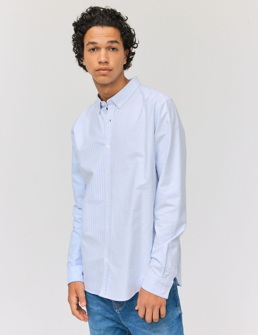 Homme BZB Chemise | Chemise Rayee Bicolore Bleu Clair