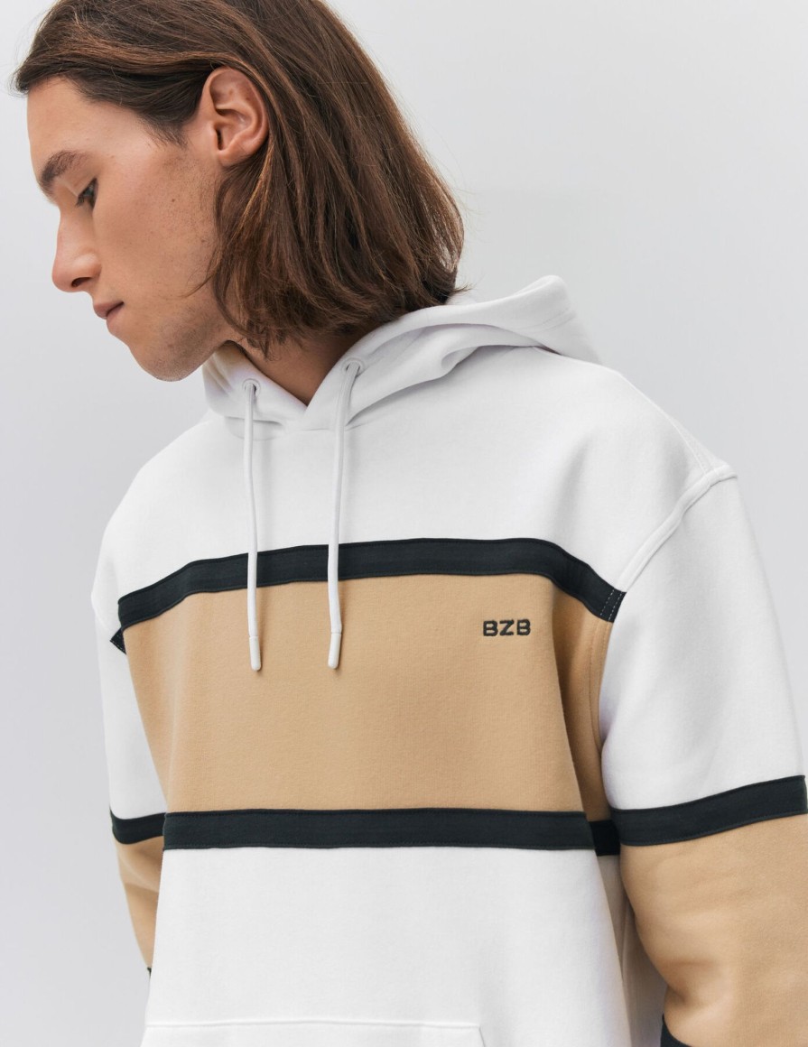 Homme BZB Sweat | Sweat A Capuche Colorblock Blanc