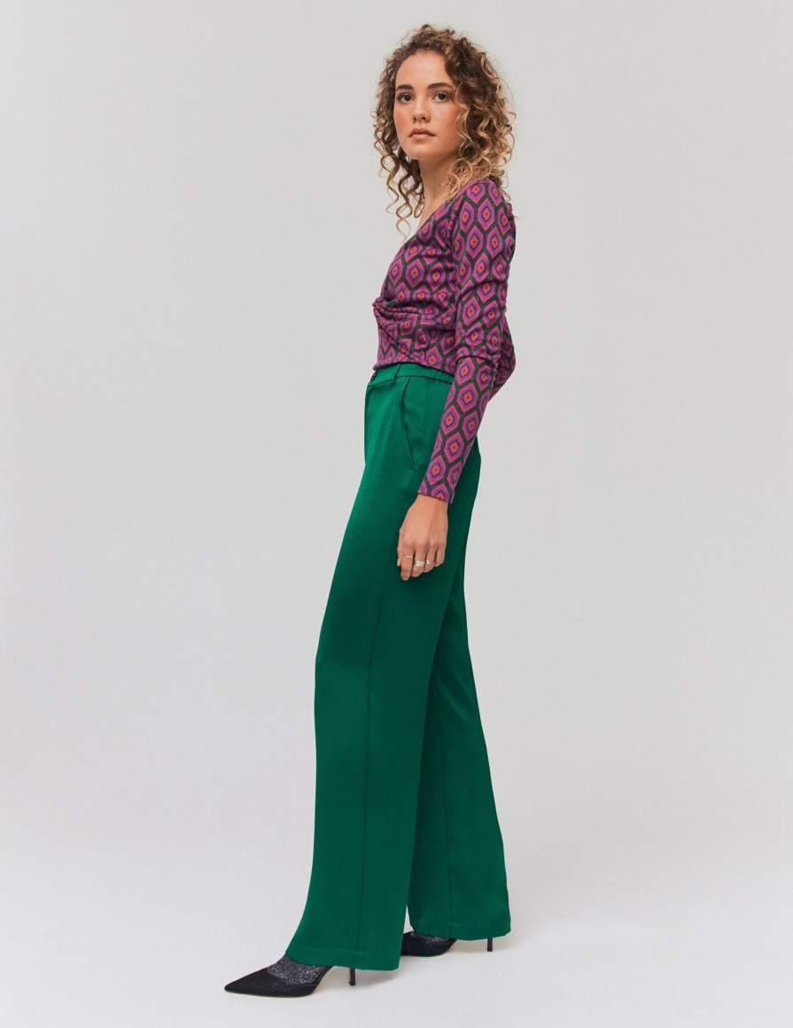 Femme BZB Pantalon | Pantalon Satin Large Vert