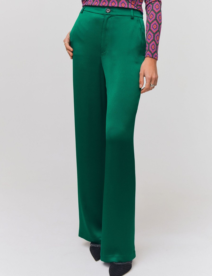 Femme BZB Pantalon | Pantalon Satin Large Vert