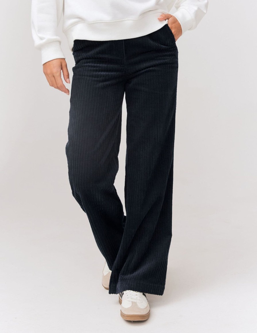 Femme BZB Pantalon | Pantalon Wide Leg Long En Velours Bleu Fonce