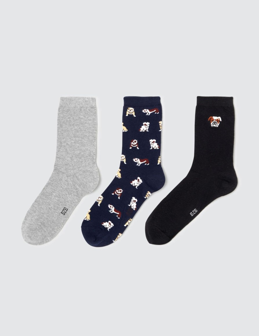 Homme BZB Chaussettes | Lot De 3 Paires De Chaussettes Fantaisie Bouledogu Bleu Moyen