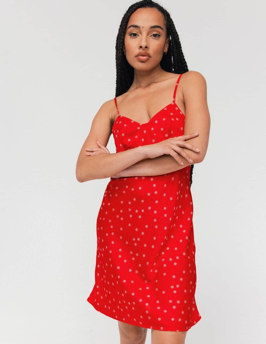 Femme BZB Robe | Robe Satin Imprimee Rouge