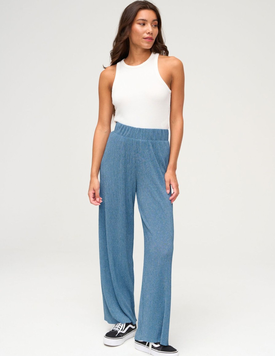 Femme BZB Pantalon | Pantalon Plisse Brillant Bleu