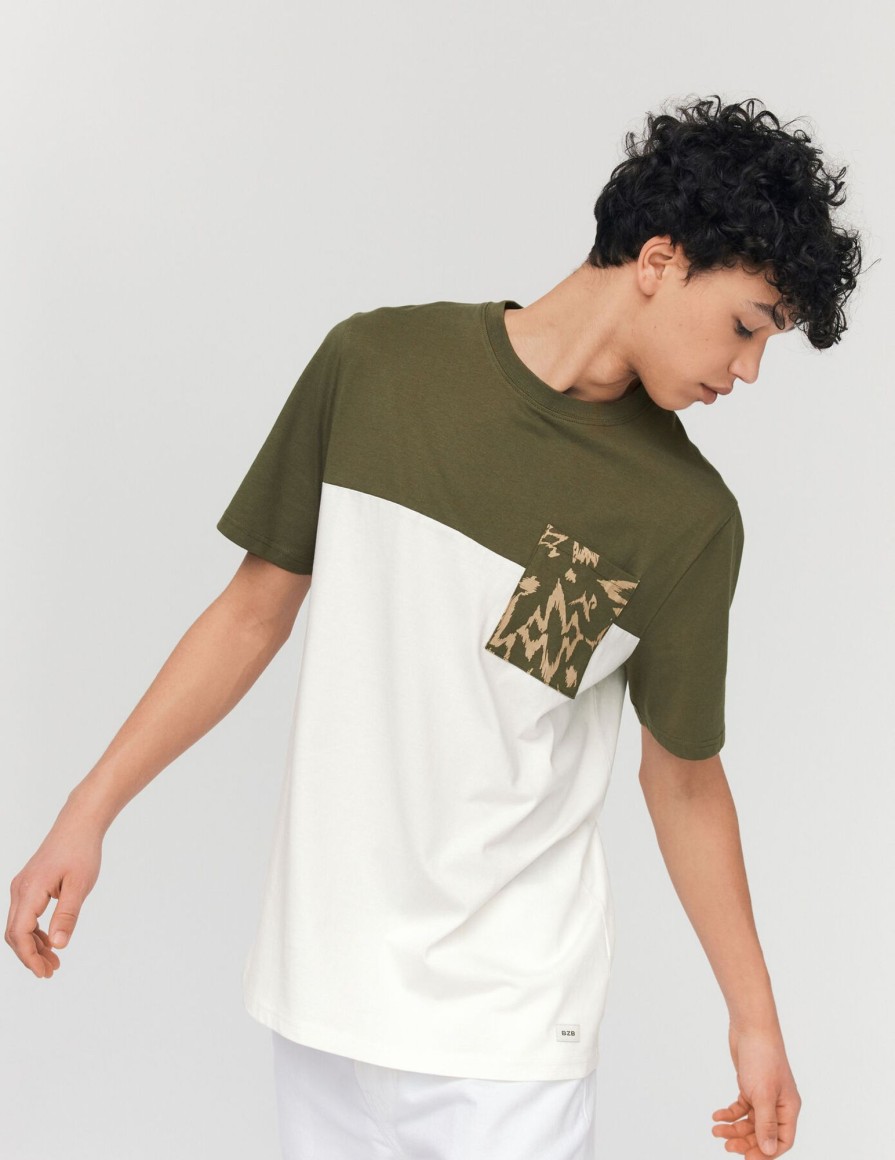 Homme BZB Tee-Shirt | T-Shirt Poche Printe Vert Kaki