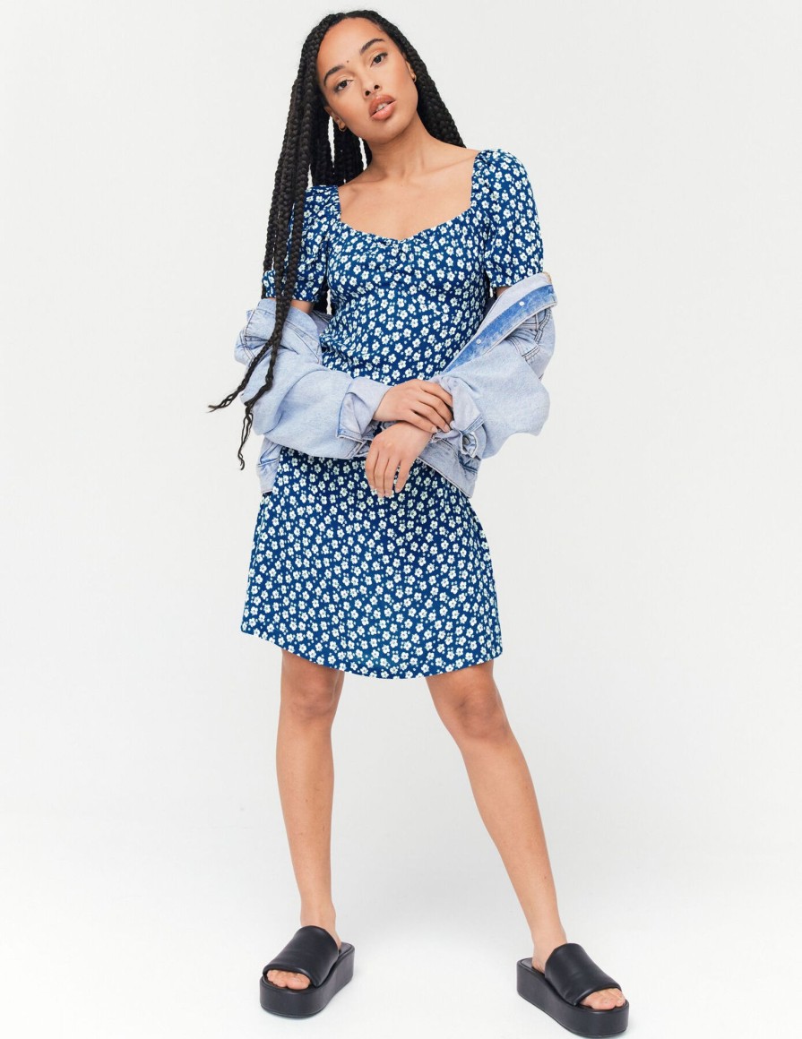 Femme BZB Robe | Robe Courte Imprimee Bleu Fonce