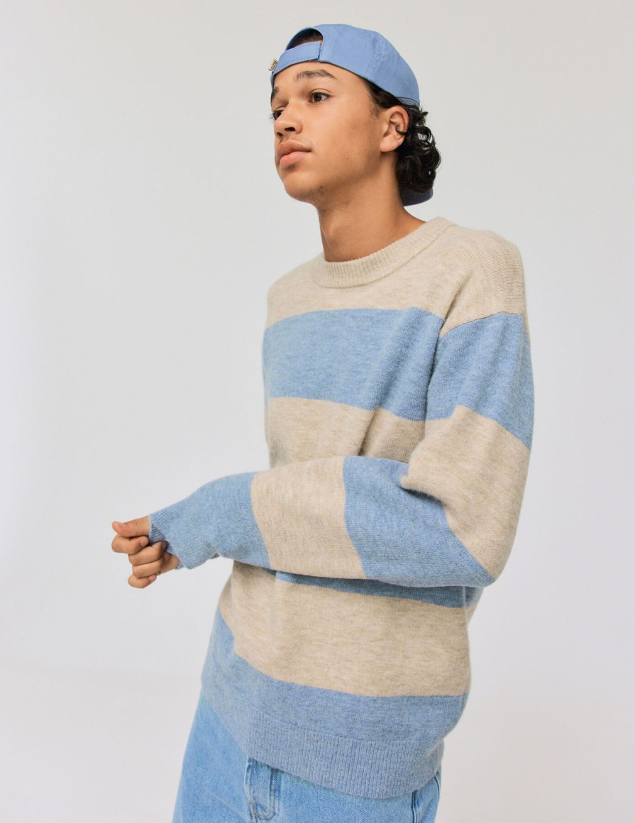 Homme BZB Pull | Pull Col Rond Maxi Rayures Bleu Clair