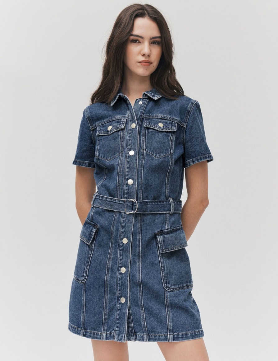 Femme BZB Robe | Robe Courte En Jean Bleu Fonce