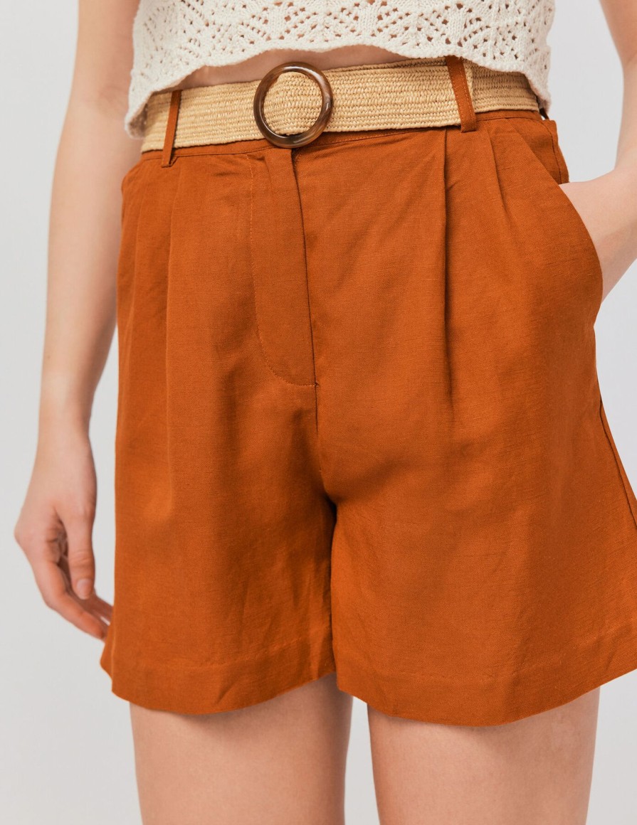 Femme BZB Short | Short Ceinture En Lin Marron