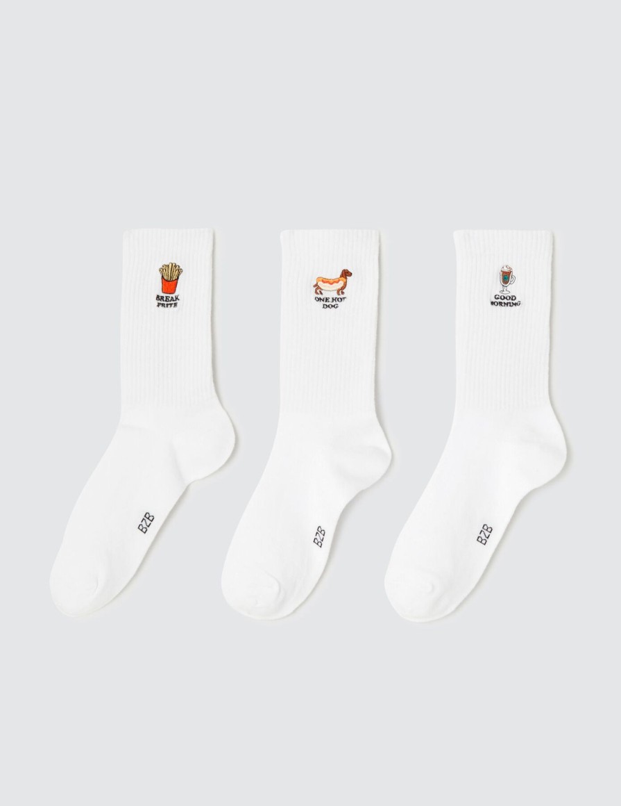 Homme BZB Chaussettes | Lot De 3 Paires De Chaussettes Broderie Food Blanc