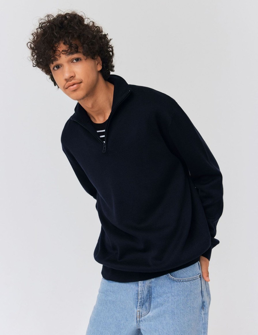 Homme BZB Pull | Pull Col Montant Zippe Bleu Fonce