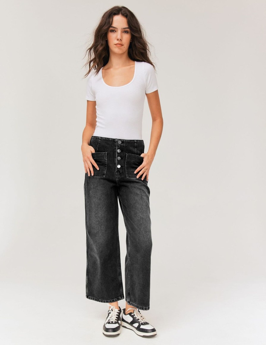 Femme BZB Jeans | Jean Wide Leg Cropped Boutonne Noir